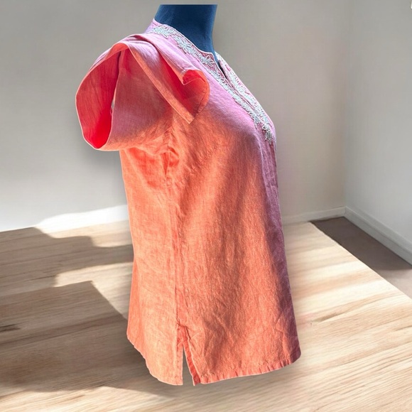 Lands’ End S Coral Linen Tunic Top Boho Embroidered Henley - Picture 3 of 10